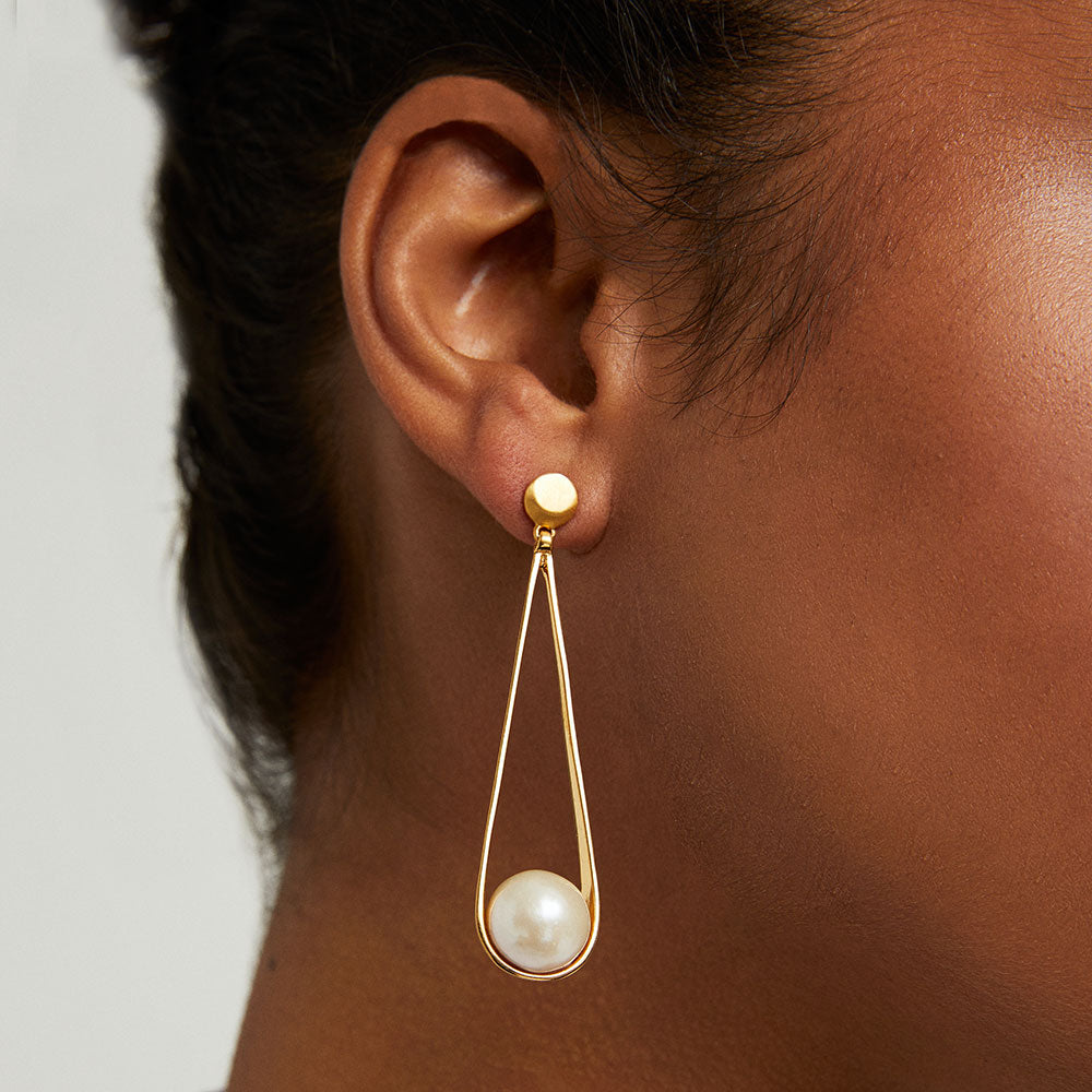 Gold Pearl Drop Triangle Earrings Pearl Earrings Pearl Drop 